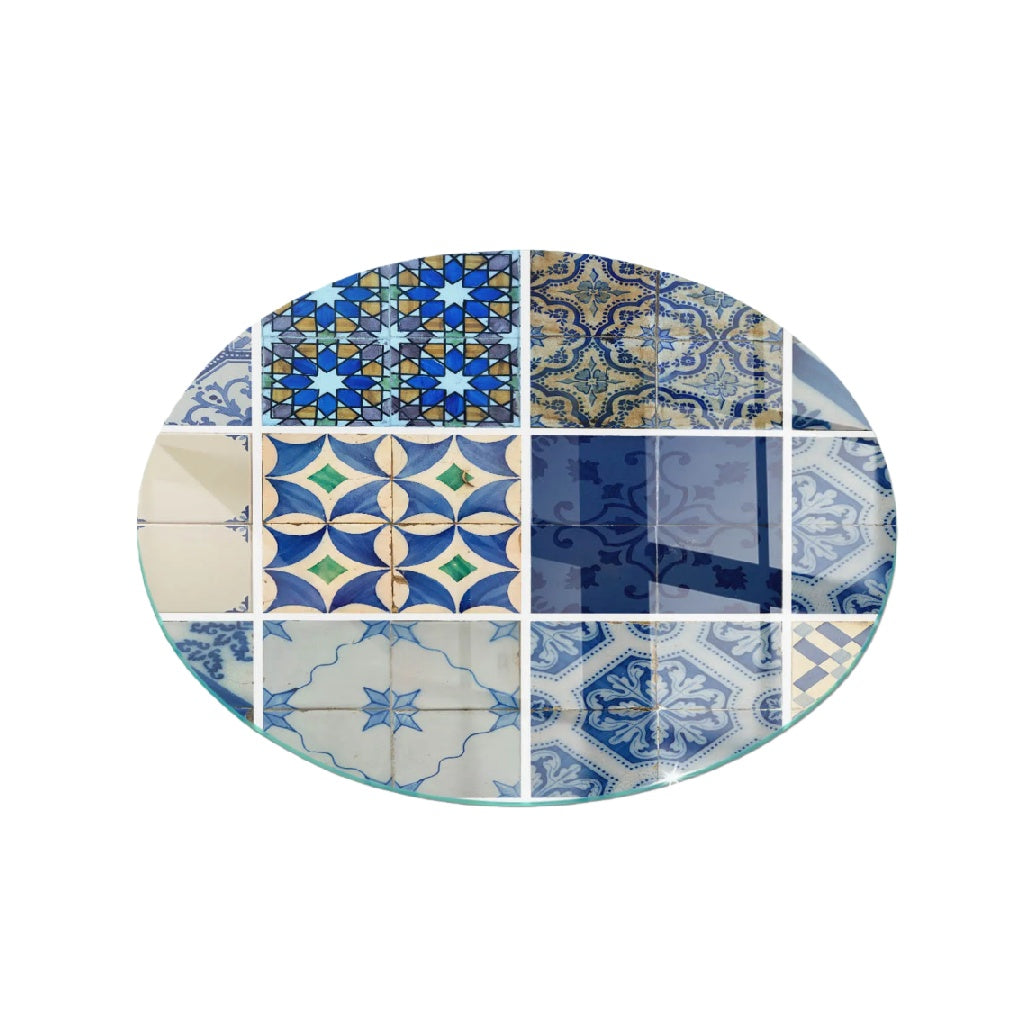 Dessous de verre rond en verre avec motif carreaux de céramique bleu